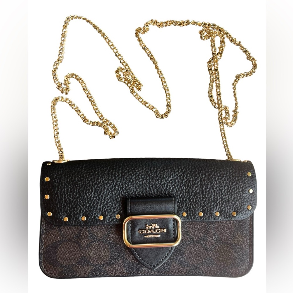 Coach Brown & Black Leather Crossbody with Gold Chain New Without Tags
